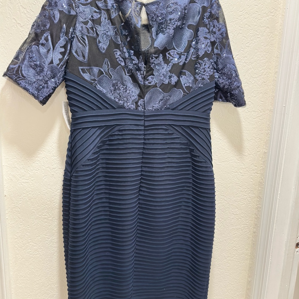 Adrianna Papell Navy Floral Lace & Pleated Midi Dress
